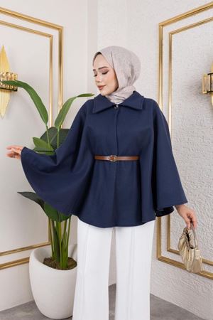 Kadın Kışlık Trend Kemerli Lacivert Kaşe Kısa Kaban
