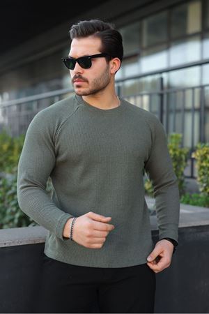 Erkek Trend Basic Slim Fit Bisiklet Yaka Haki Kazak