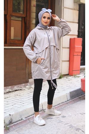 Kadın Kapşonlu Trend Cepli Oversize Uzun Gri Yağmurluk