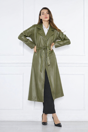 Kadın Trend Cepli Kuşaklı Uzun Haki Deri Kaban