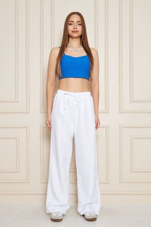 Kadın Trend Yüksek Bel Lastikli Beyaz Bol Pantolon