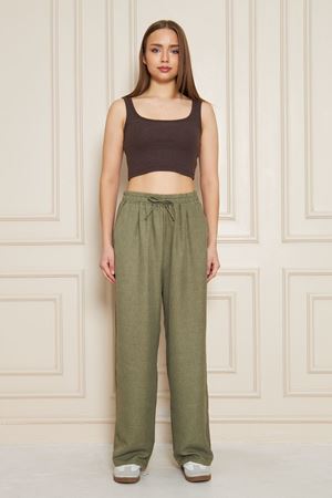 Kadın Trend Yüksek Bel Lastikli Haki Bol Pantolon