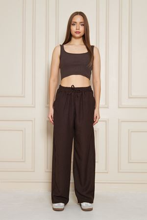 Kadın Trend Yüksek Bel Lastikli Kahve Bol Pantolon
