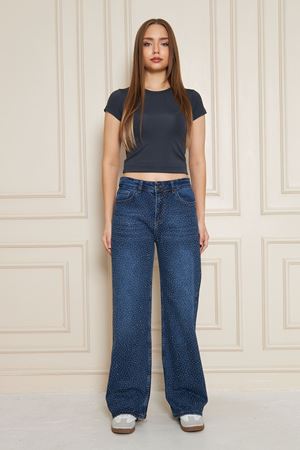 Kadın Yüksek Bel Baggy Taşlı Bol Paça Lacivert Kot Pantolon