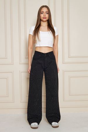 Kadın Yüksek Bel Baggy Taşlı Bol Paça Siyah Kot Pantolon