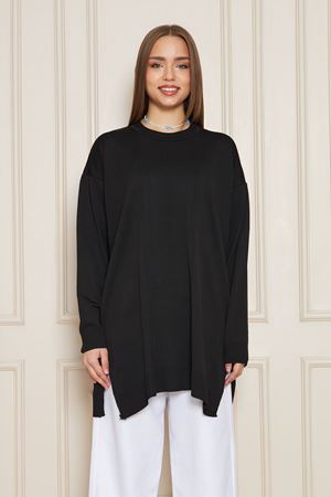 Kadın Bisiklet Yaka Yırtmaçlı Oversize Siyah Triko Kazak