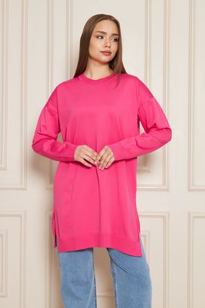 Kadın Bisiklet Yaka Yırtmaçlı Oversize Pembe Triko Kazak