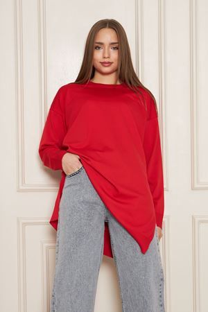 Kadın Bisiklet Yaka Yırtmaçlı Oversize Kırmızı Triko Kazak