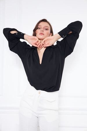 Kadın Trend Balon Kol Oversize Siyah Şık Bluz Gömlek