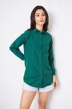 Kadın Uzun Kollu Düğmeli Basic Yeşil Tunik Gömlek