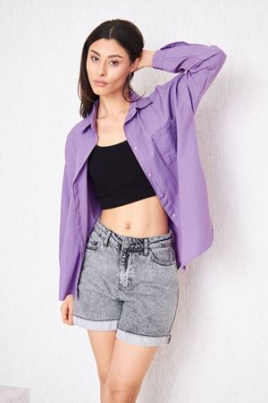Kadın Cepli Trend Kollu Düğmeli Mor Tunik Gömlek