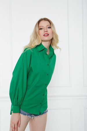 Kadın Trend Balon Kol Düğmeli Basic Yeşil Tunik Gömlek