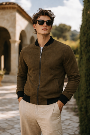 Erkek Premium Comfort Basic Nubuk Süet Haki Ceket