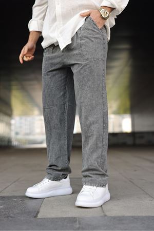 Erkek Trend Basic Bol Paça K.Gri Baggy Keten Pantolon