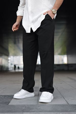 Erkek Trend Basic Bol Paça Siyah Baggy Keten Pantolon