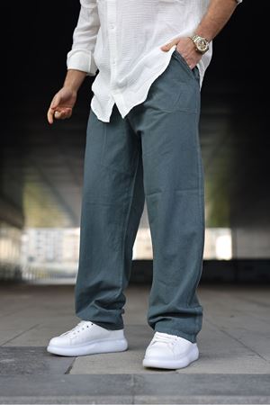 Erkek Trend Basic Bol Paça Petrol Baggy Keten Pantolon