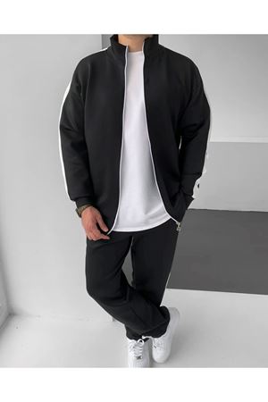 Erkek Çizgili Fermuarlı Sweatshirt Bol Eşofman Siyah İkili Takım