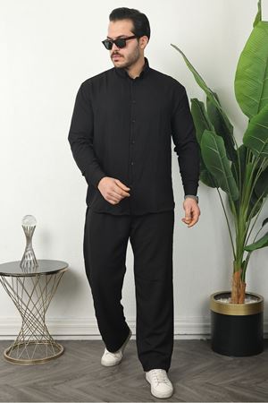 Erkek Trend Keten Gömlek Baggy Eşofman Siyah İkili Takım