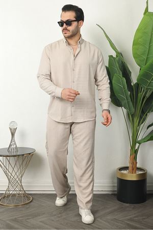 Erkek Trend Keten Gömlek Baggy Eşofman Krem İkili Takım