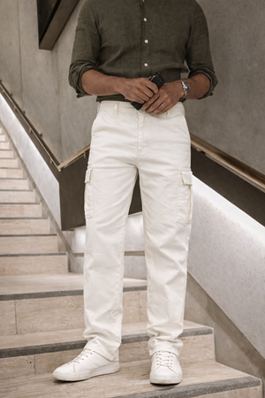Erkek Yüksek Bel Bol Paça Beyaz Kargo Baggy Pantolon
