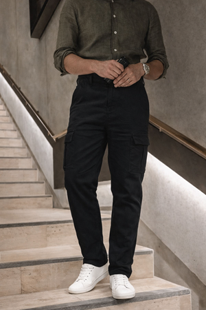 Erkek Yüksek Bel Bol Paça Siyah Kargo Baggy Pantolon