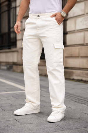 Erkek Kargo Cepli Pamuklu Beyaz Baggy Pantolon