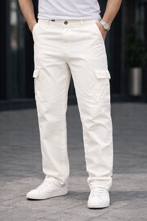 Erkek Trend Bol Paça Günlük Kargo Beyaz Baggy Pantolon