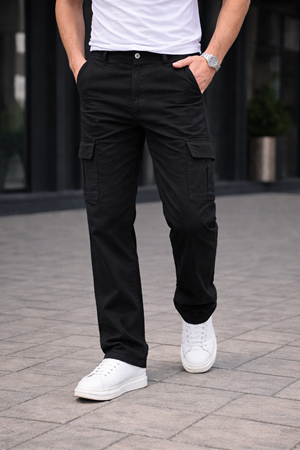 Erkek Trend Bol Paça Günlük Kargo Siyah Baggy Pantolon
