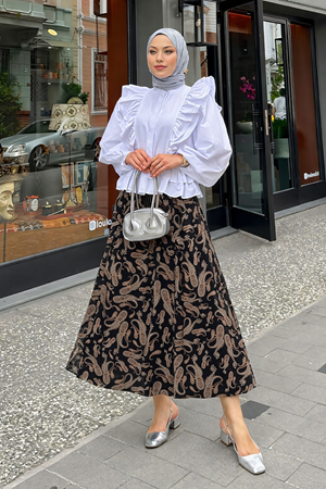 Kadın Desenli Trend Siyah Uzun Tül Tesettür Etek