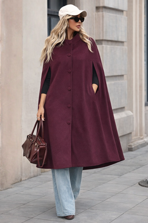 Kadın Düğmeli Premium Comfort Bordo Kaşe Panço