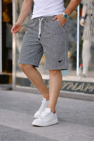 Erkek Trend Premium Nakışlı Çizgili Füme Şort