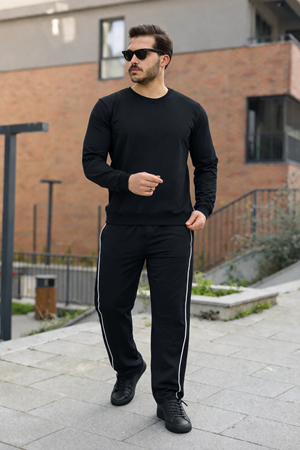 Erkek Çizgili Bisiklet Yaka Dar Siyah Eşofman Takımı