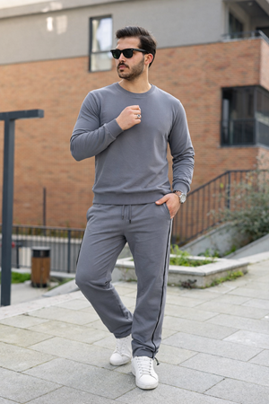 Erkek Çizgili Bisiklet Yaka Dar Füme Eşofman Takımı