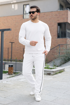 Erkek Çizgili Bisiklet Yaka Dar Beyaz Eşofman Takımı