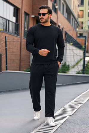 Erkek Pamuklu Bisiklet Yaka Dar Siyah Eşofman Takımı