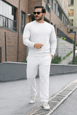 Erkek Pamuklu Bisiklet Yaka Dar Beyaz Eşofman Takımı