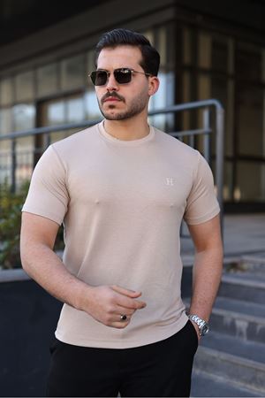 Erkek Kısa Kol Yazlık Baskılı Krem Dar Tişört