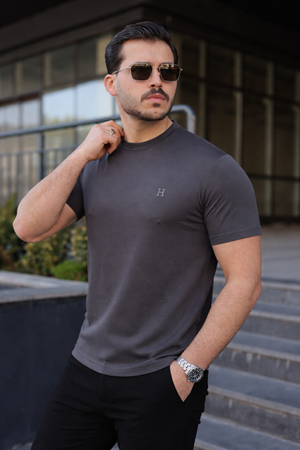 Erkek Kısa Kol Yazlık Baskılı Füme Dar Tişört