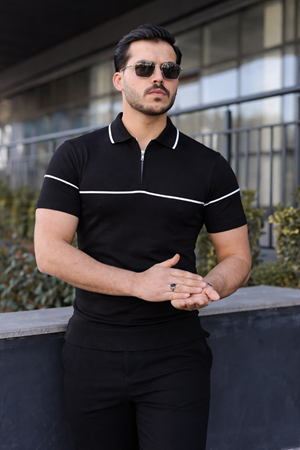 Erkek Günlük Çizgili Fermuarlı Triko Siyah Polo Yaka Tişört