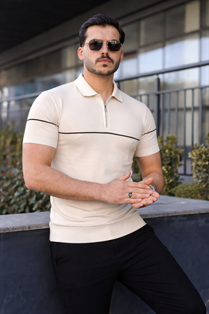 Erkek Günlük Çizgili Fermuarlı Triko Krem Polo Yaka Tişört
