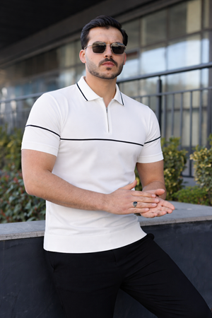 Erkek Günlük Çizgili Fermuarlı Triko Beyaz Polo Yaka Tişört