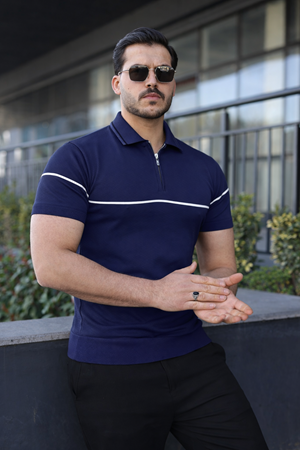 Erkek Günlük Çizgili Fermuarlı Triko Lacivert Polo Yaka Tişört