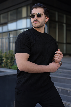 Erkek Premium Çizgili Yazlık Siyah Dar Triko Tişört