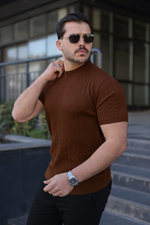 Erkek Premium Çizgili Yazlık Kahve Dar Triko Tişört