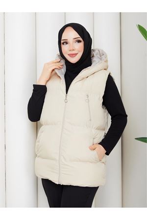 Kadın Fermuarlı Cepli Kapşonlu Krem Şişme Yelek