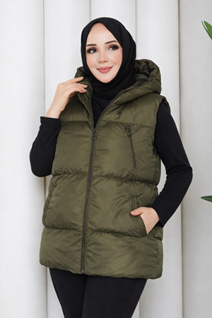 Kadın Fermuarlı Cepli Kapşonlu Haki Şişme Yelek