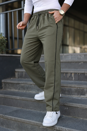 Erkek Günlük Yazlık Çizgili Bol Haki Eşofman Altı