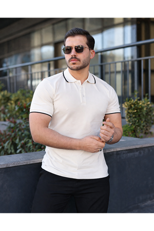 Erkek Günlük Çizgili Pamuklu Beyaz Polo Yaka Tişört