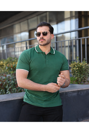 Erkek Günlük Çizgili Pamuklu Yeşil Polo Yaka Tişört