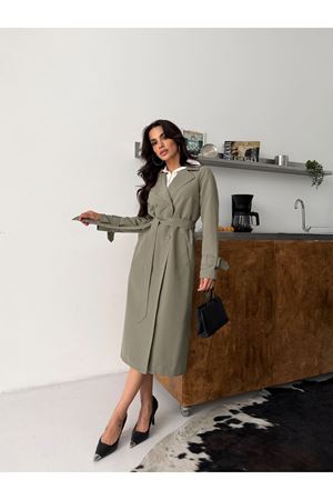 Kadın Klasik Cepli Kuşaklı Trend Midi Haki Trençkot